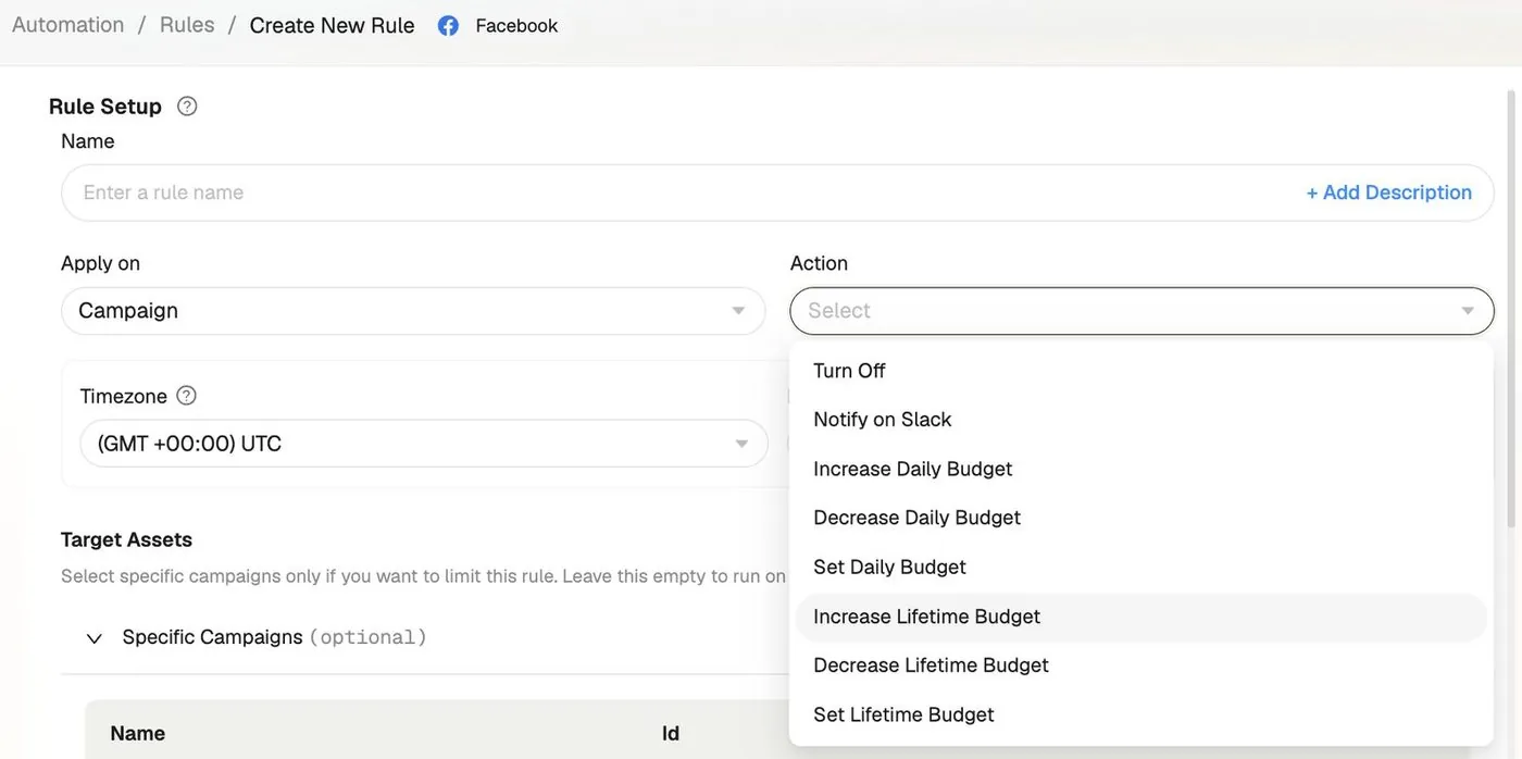 Rule Setup with the Action menu open: Turn Off, Notify on Slack, Increase, Decrease and Set Daily Budget, Increase, Decrease and Set Lifetime Budget