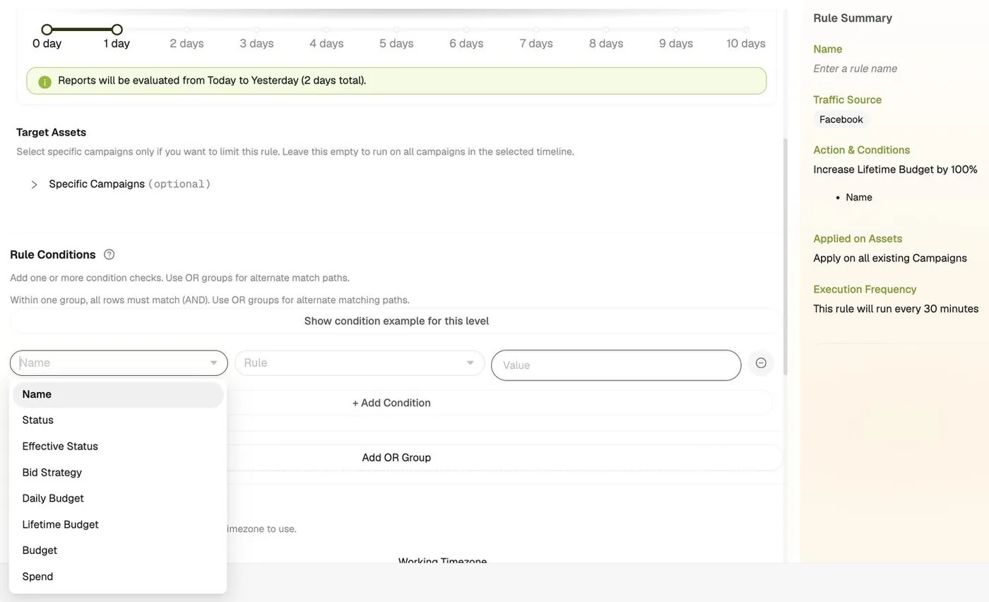 Rule Conditions with the field menu open: Name, Status, Effective Status, Bid Strategy, Daily Budget, Lifetime Budget, Budget, Spend, plus Add Condition and Add OR Group
