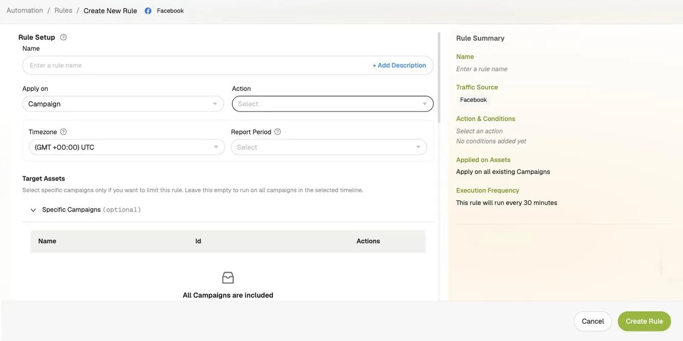 Automation Create New Rule screen for Facebook: rule name, Apply on, Action, Timezone and Report Period fields, Target Assets, and the Rule Summary rail showing the rule runs every 30 minutes