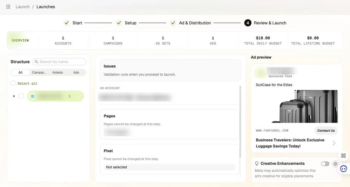 Bulk Launcher Review and launch step: overview of accounts, campaigns, ad sets, ads and daily budget, the structure tree, launch issues and a Meta feed ad preview