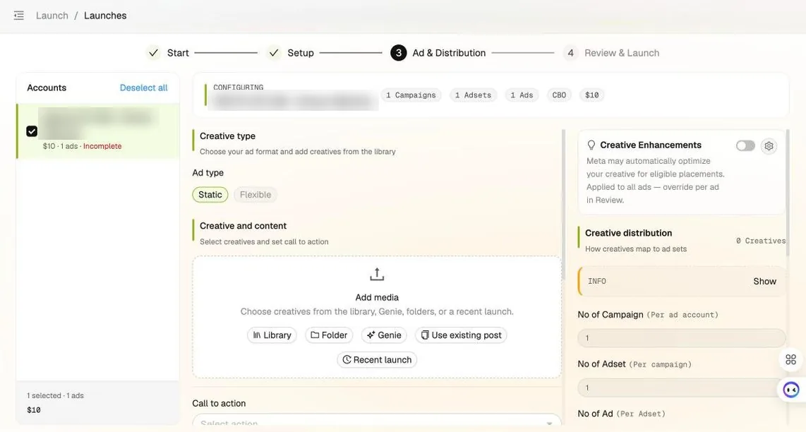 Bulk Launcher Ad and distribution step: accounts rail, Static or Flexible ad type, five media sources, and the campaign, ad set, and ad multiplier