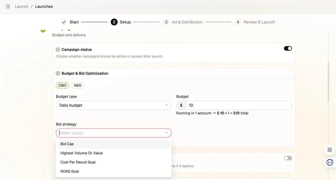 Bulk Launcher Setup step: campaign status toggle, CBO or ABO, daily budget with the multi-account total, and the bid strategy menu