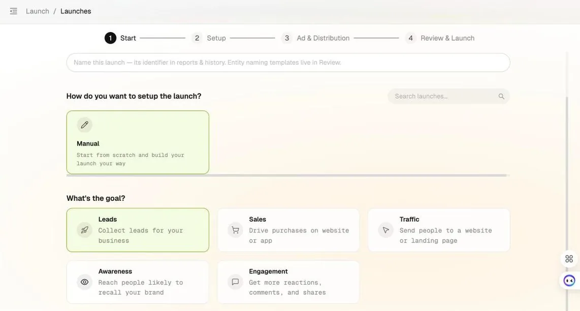 Bulk Launcher Start step: launch name field, setup mode, and the five campaign goals Leads, Sales, Traffic, Awareness, and Engagement
