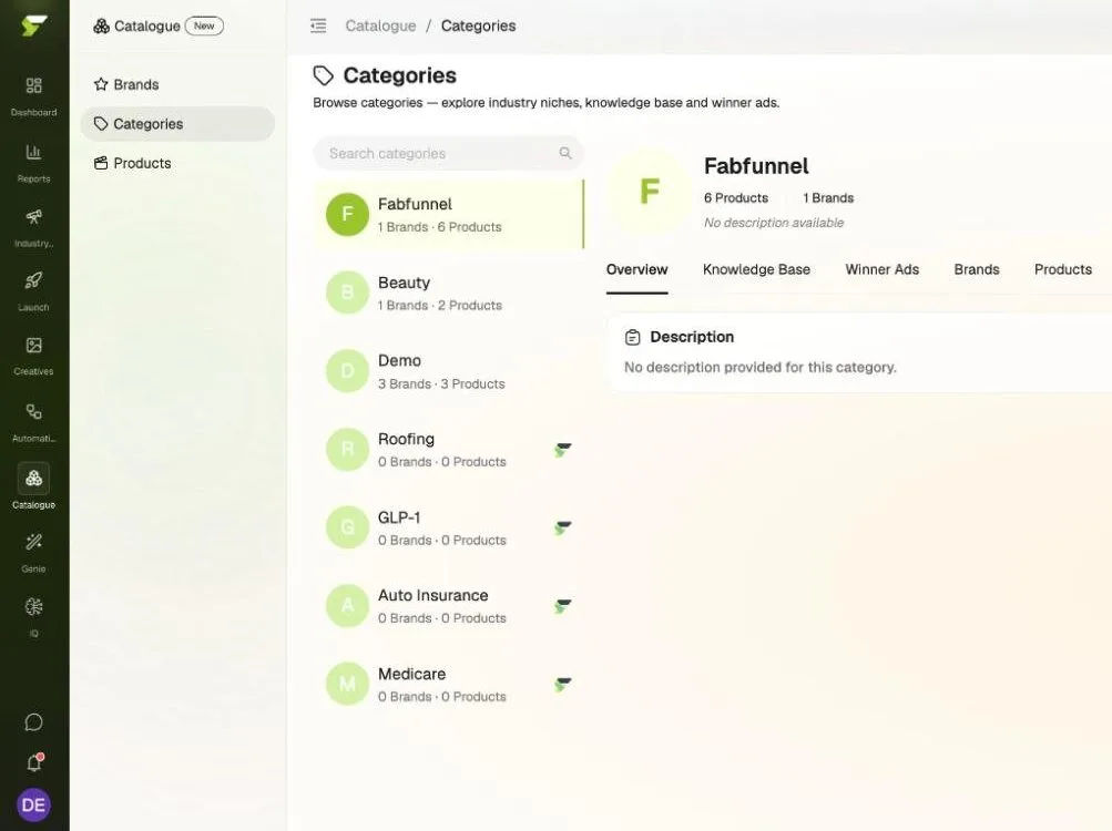 Catalogue Categories view: Brands, Categories, and Products in the side menu, a searchable list of categories with brand and product counts, and a category record with Overview, Knowledge Base, Winner Ads, Brands, and Products tabs