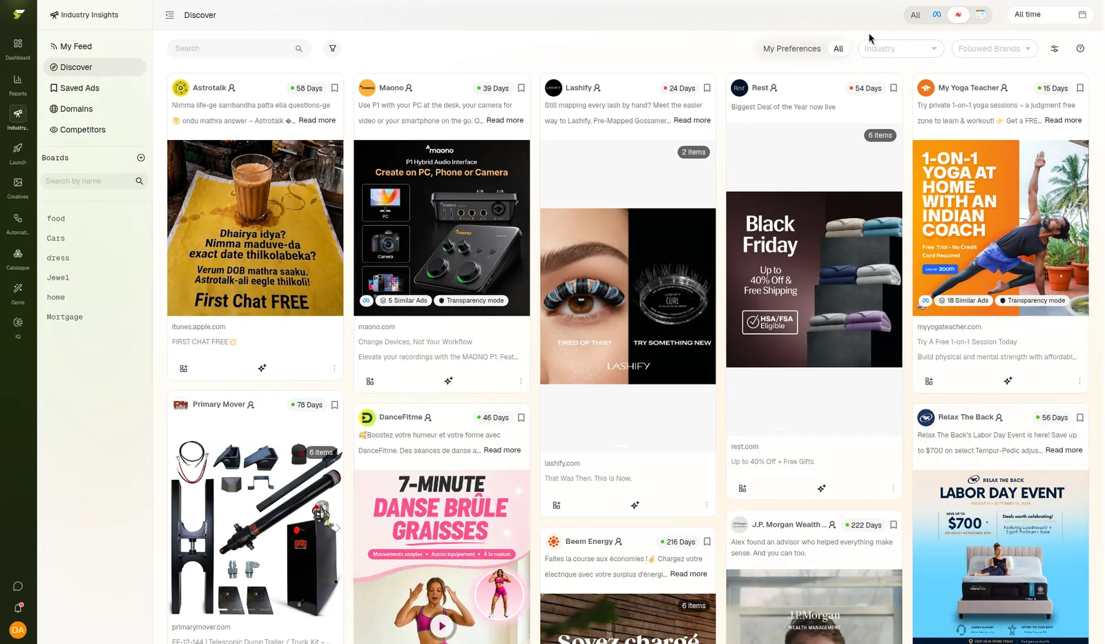 Industry Insights Discover feed showing competitor ad cards with advertiser names, days running, and platform filters for Meta, NewsBreak, and SmartNews