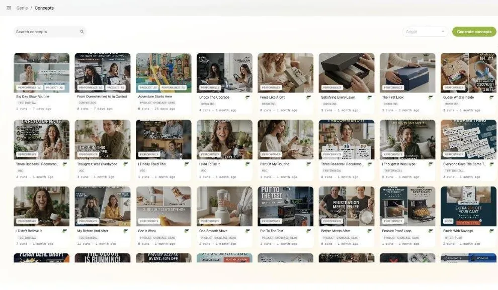 Genie Concepts library: a grid of pre-built creative concepts, each card with a rendered thumbnail, mode tags, an angle tag, and a run count