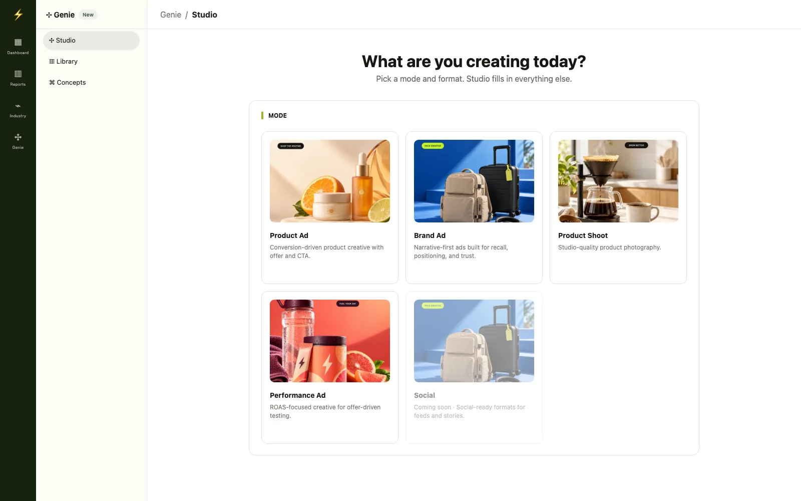 Genie Studio mode picker with Product Ad, Brand Ad, Product Shoot, and Performance Ad cards