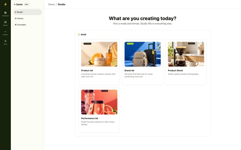 Genie Studio mode picker with Product Ad, Brand Ad, Product Shoot and Performance Ad options