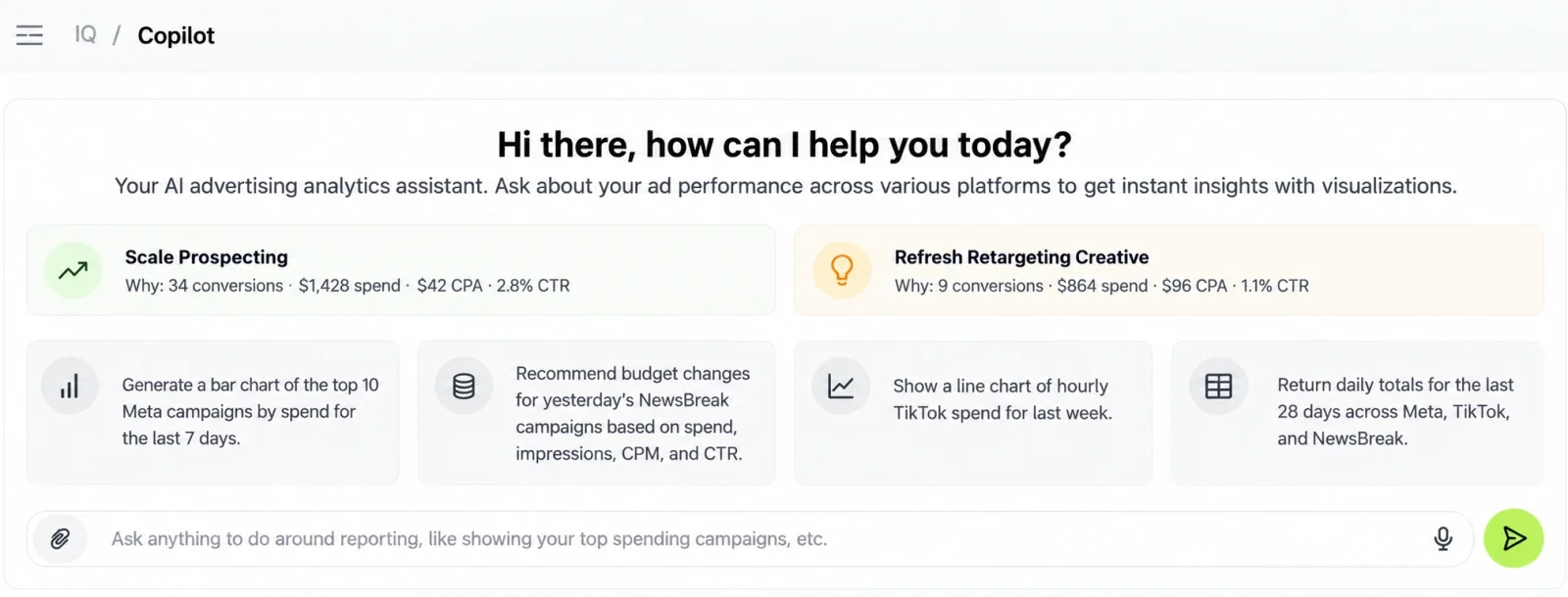 Co-Pilot (beta) home screen with suggested prompts, including budget recommendations