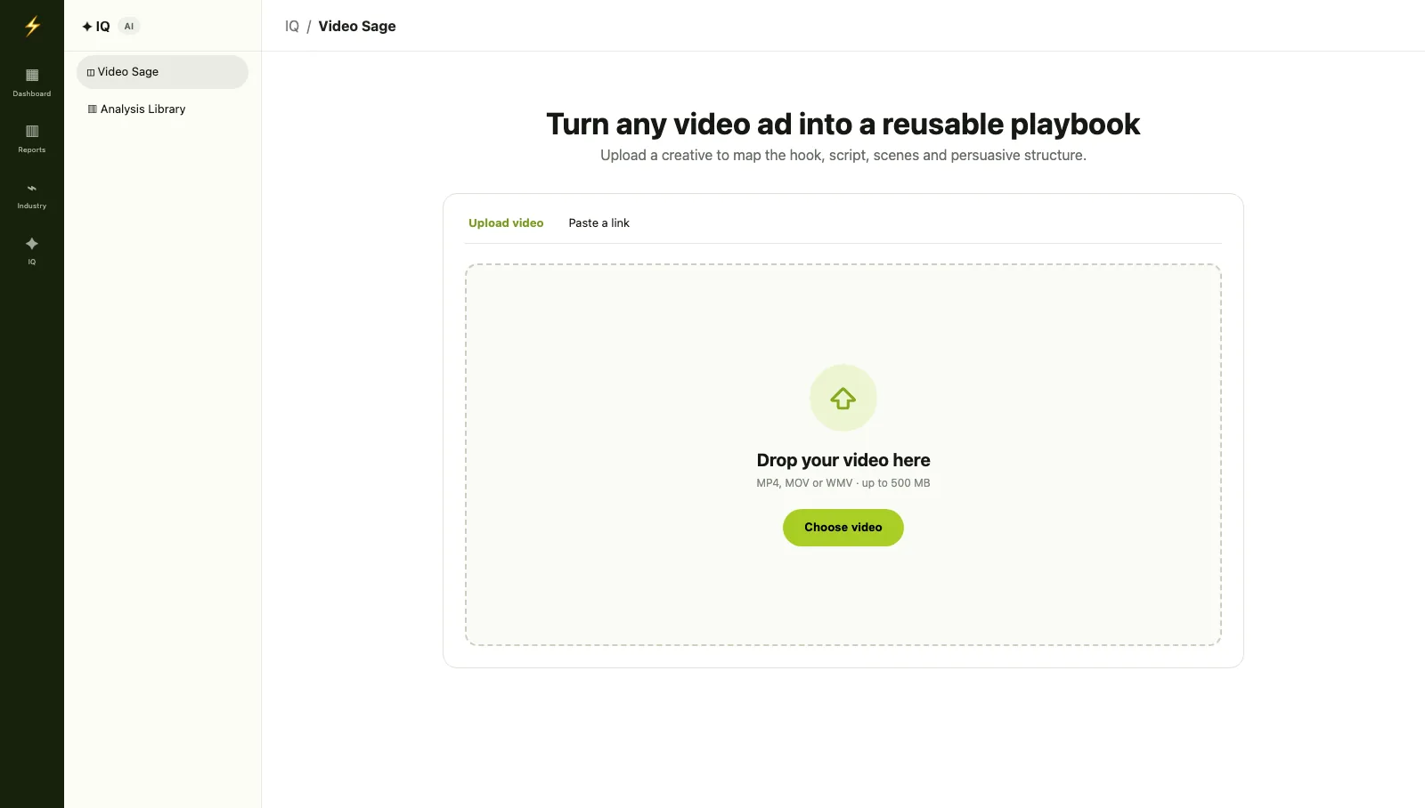 Video Sage upload screen with the drop zone for MP4, MOV, and WMV files and the Choose video button