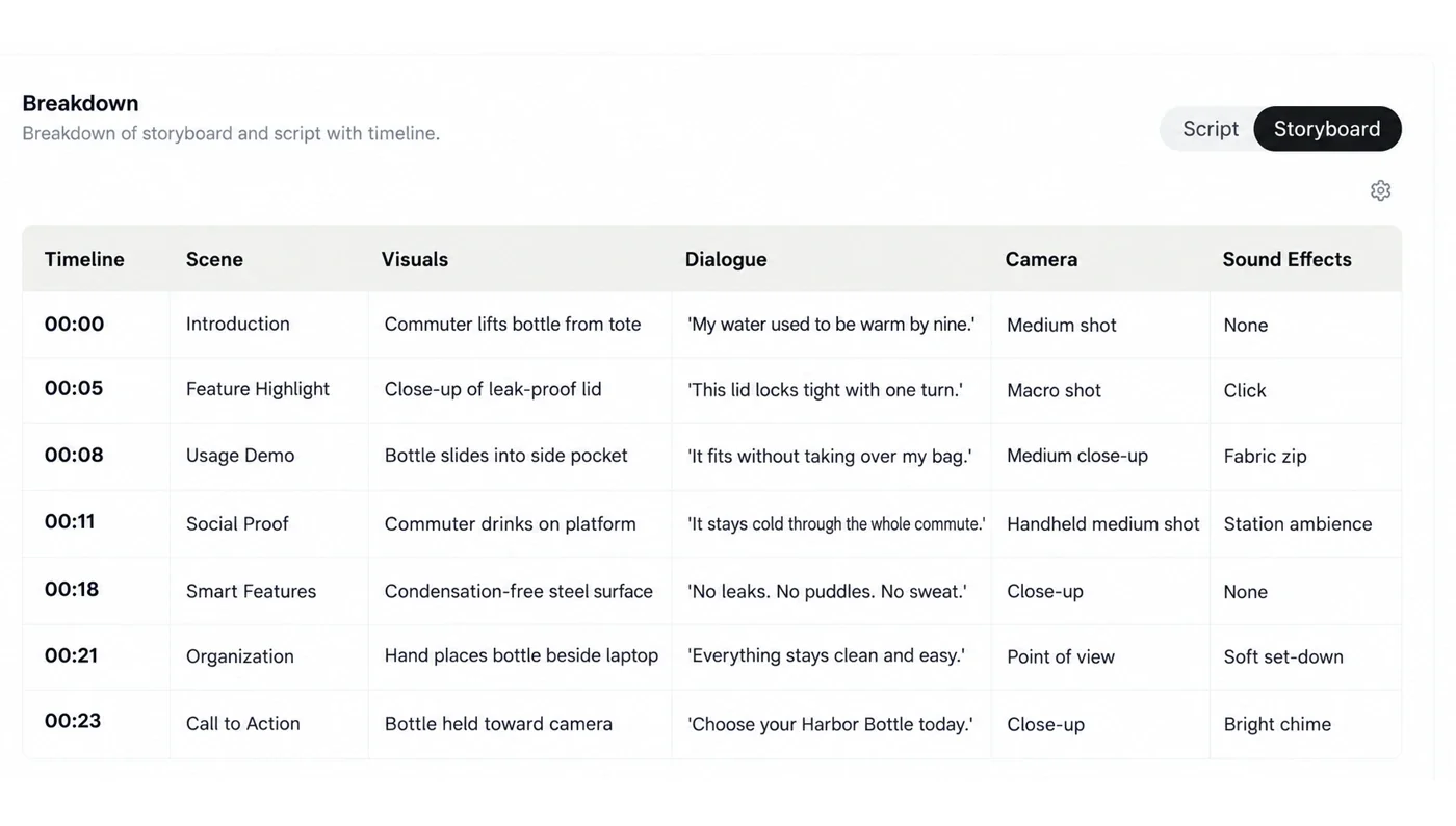 Video Sage Breakdown in Storyboard view: timeline, scene, visuals, dialogue, camera, and sound effects for each beat