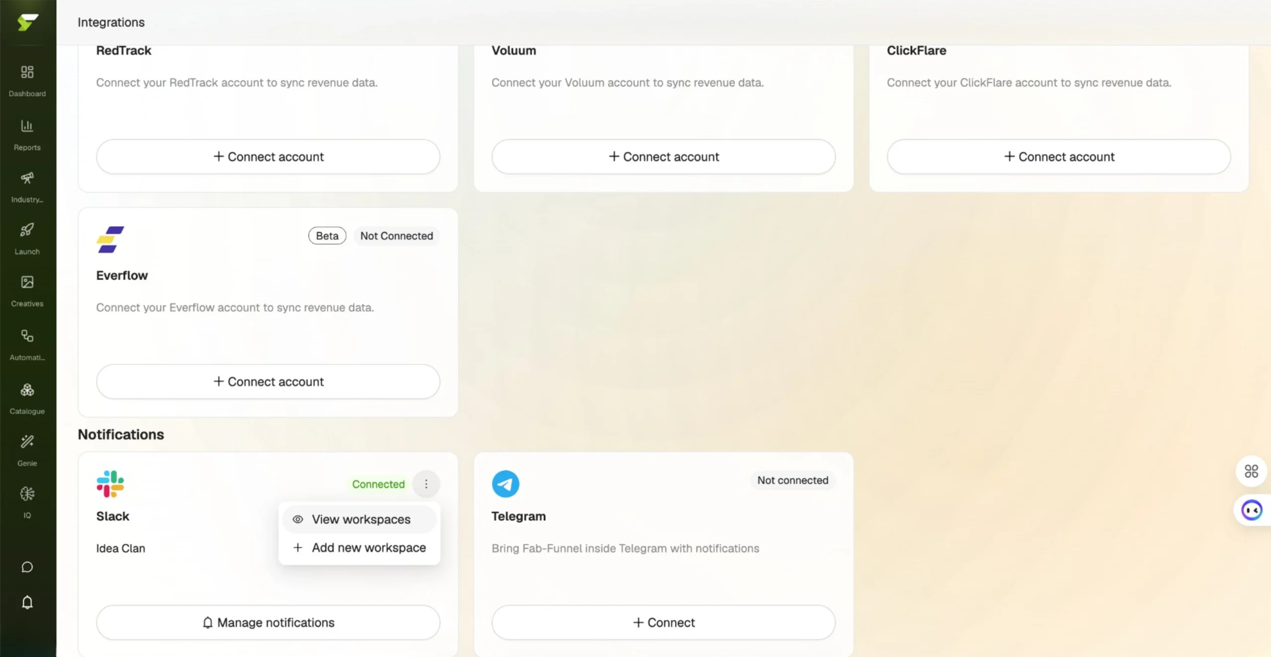 Slack integration card in FabFunnel Settings → Integrations