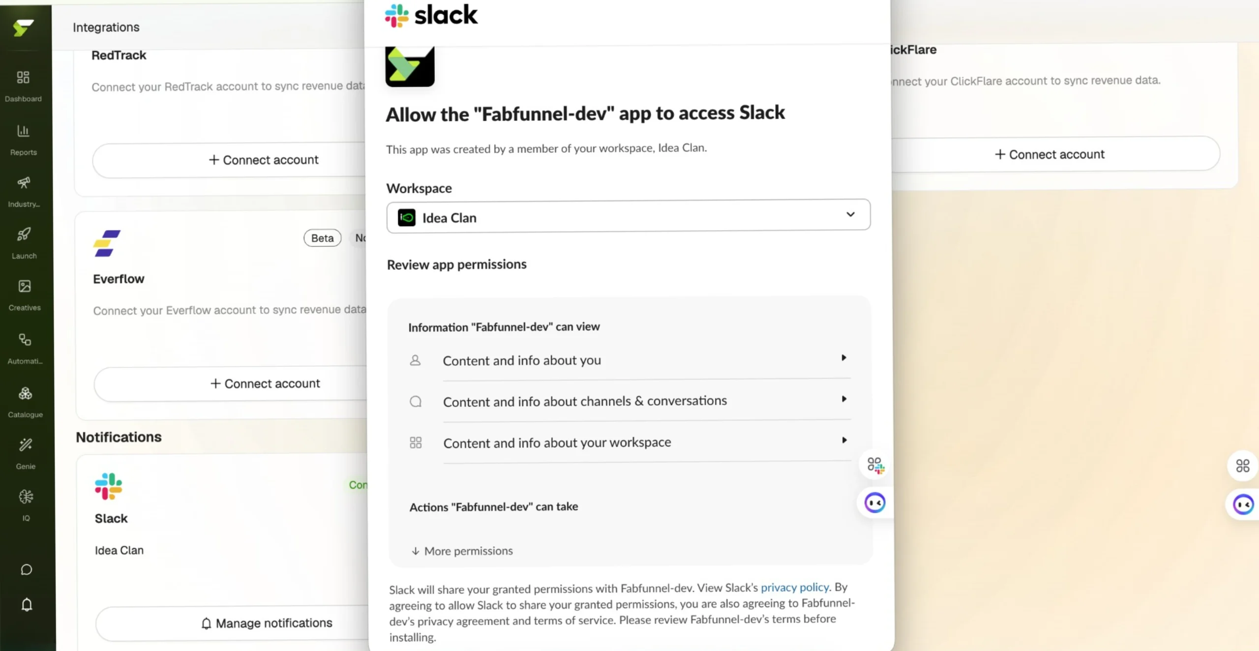 Slack workspace authorisation screen