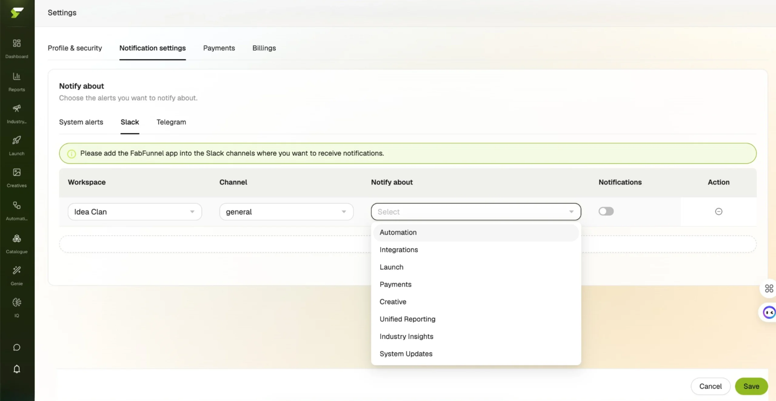 Slack notification settings screen