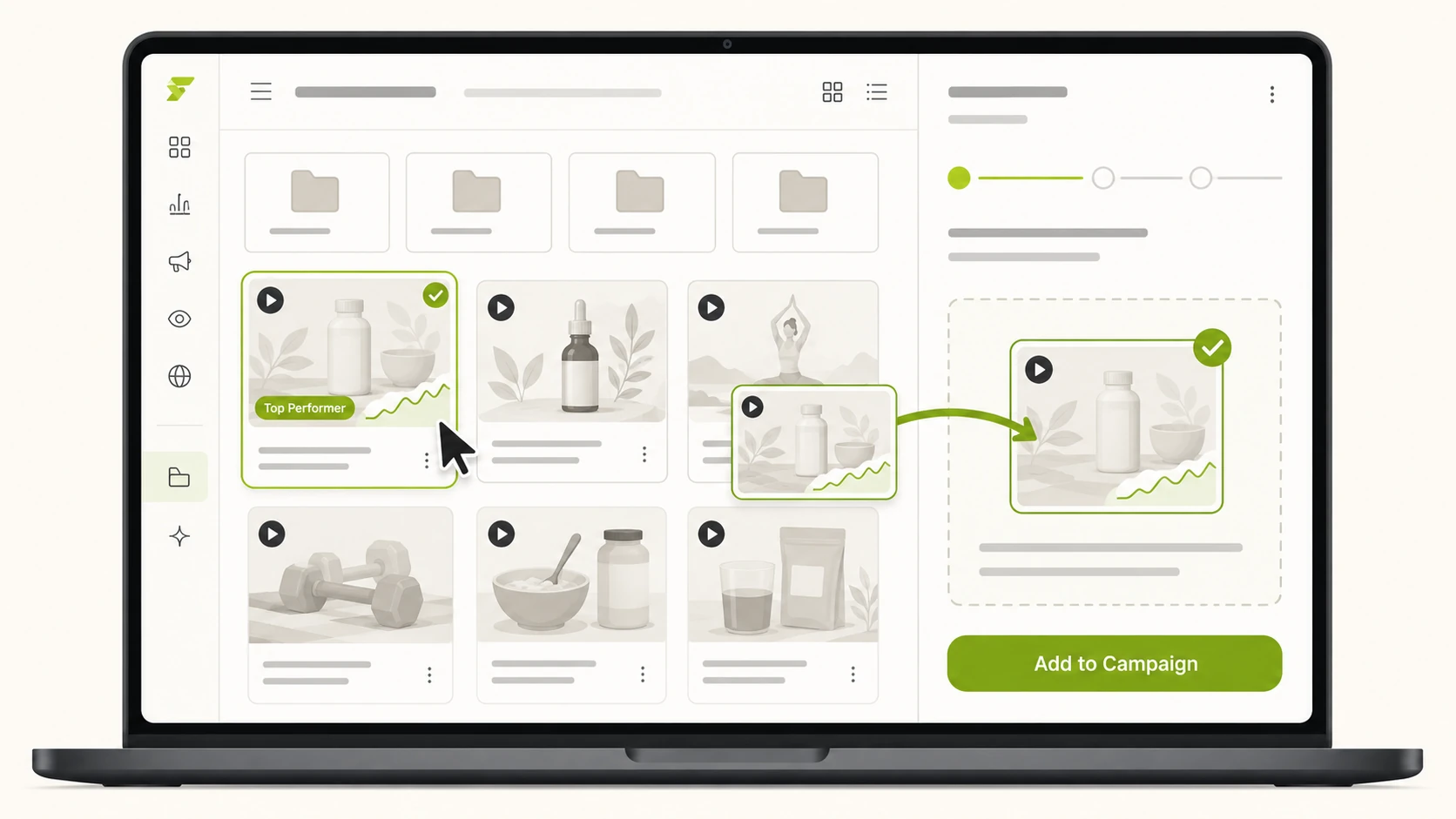 Tagged video assets organized by performance to create a new marketing campaign.